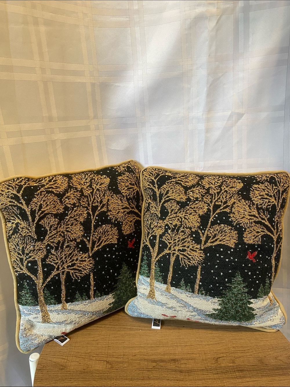 Set of 2 Embroidered Winter Night Snow Red Cardinal Bird Tree Scene Throw Pillow
